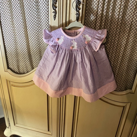 3 months Southern Smocked Company purple/pink smocked gingham bunny dress - Picture 9 of 10